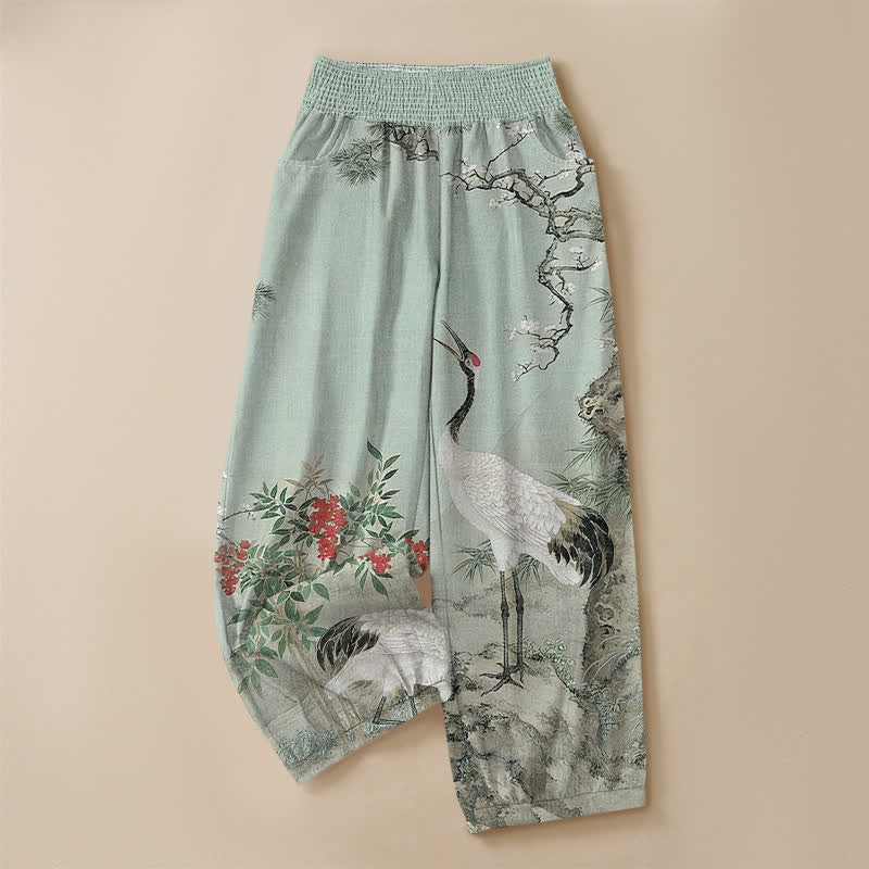 Buddha Stones Cotton Oriental White Crane Red Blossom Pattern Pleated Elastic Waist Women's Harem Pants With Pockets - image 13