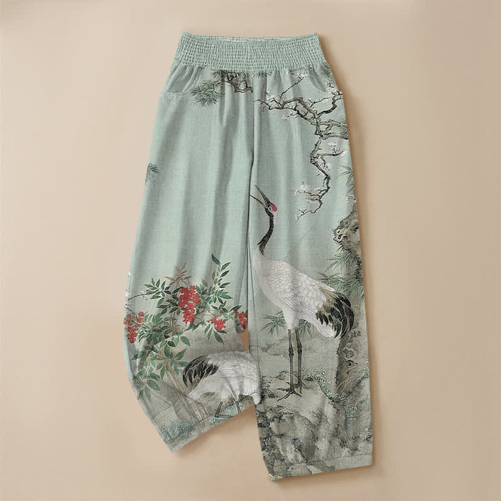 Buddha Stones Cotton Oriental White Crane Red Blossom Pattern Pleated Elastic Waist Women's Harem Pants With Pockets - image 13