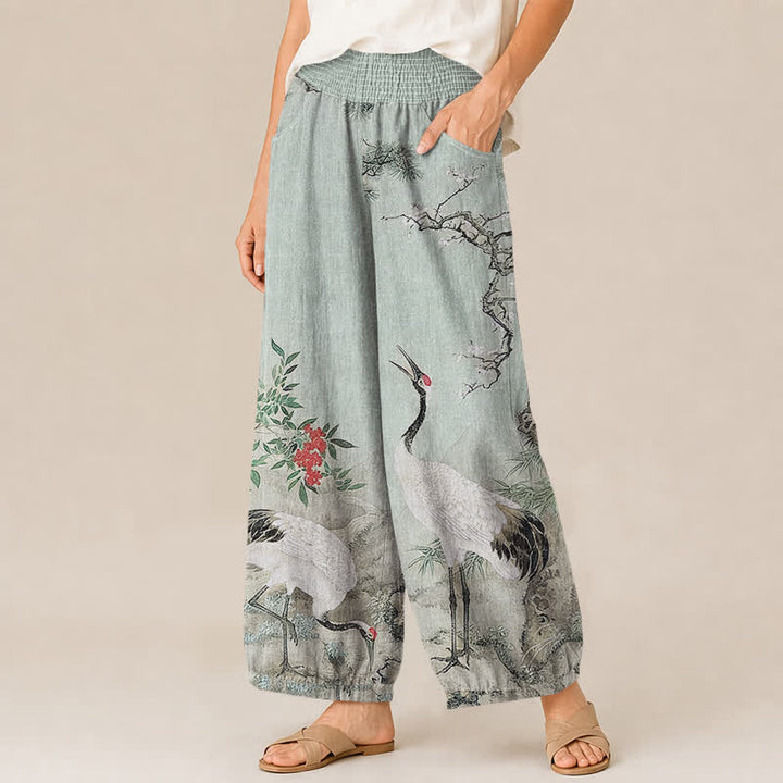 Buddha Stones Cotton Oriental White Crane Red Blossom Pattern Pleated Elastic Waist Women's Harem Pants With Pockets - image 11