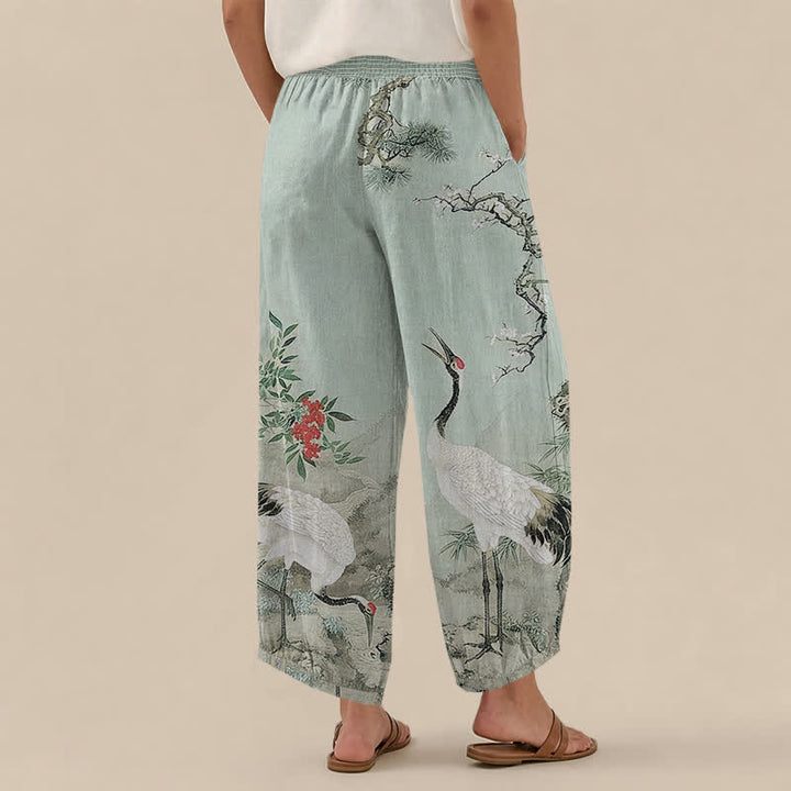 Buddha Stones Cotton Oriental White Crane Red Blossom Pattern Pleated Elastic Waist Women's Harem Pants With Pockets - image 12