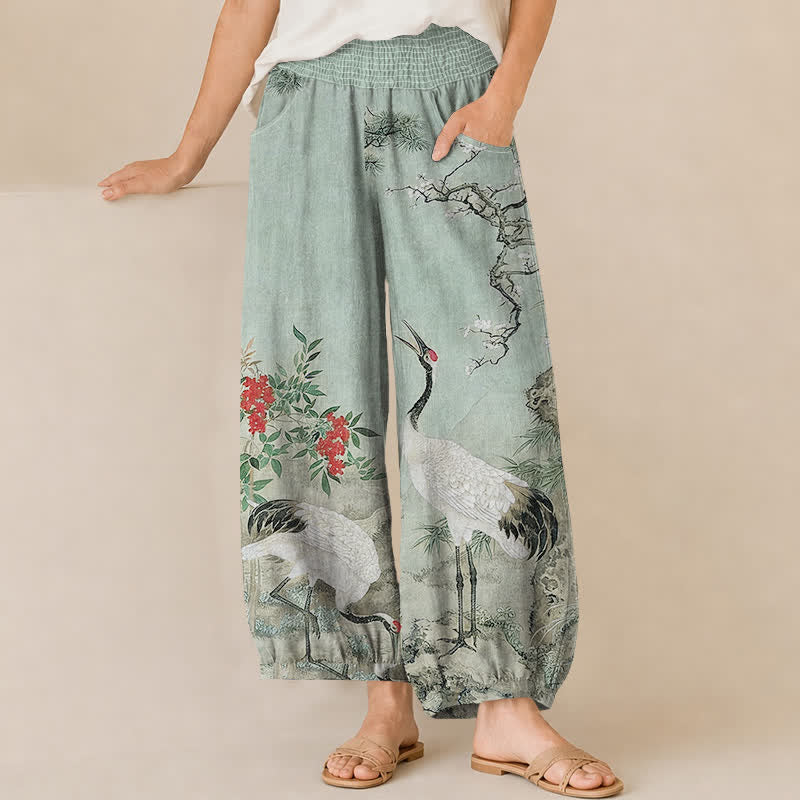 Buddha Stones Cotton Oriental White Crane Red Blossom Pattern Pleated Elastic Waist Women's Harem Pants With Pockets - PaleGreen - US16，UK/AU20，EU48 (3XL) - image 10