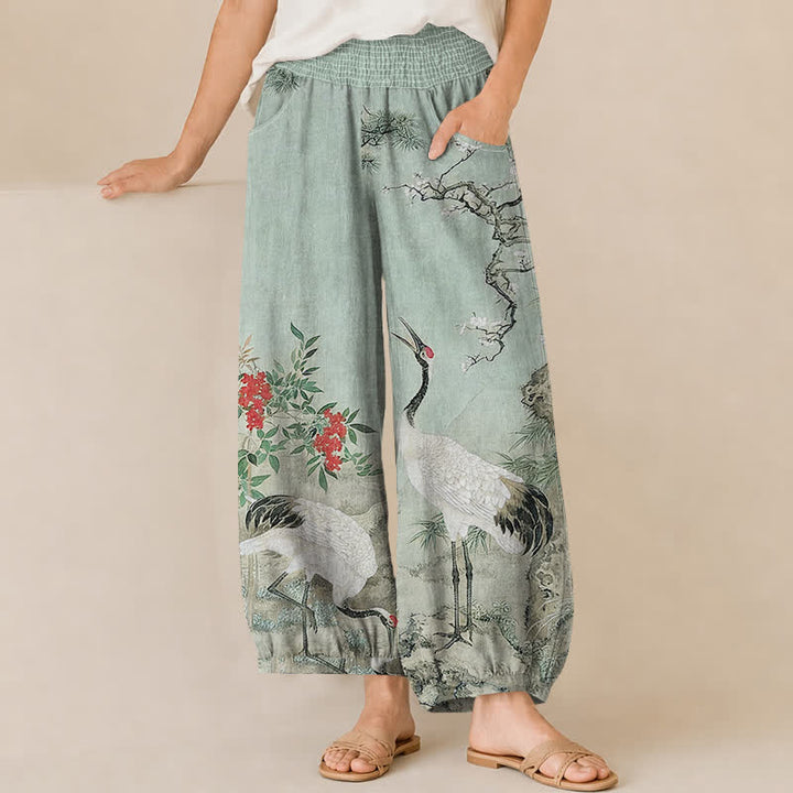Buddha Stones Cotton Oriental White Crane Red Blossom Pattern Pleated Elastic Waist Women's Harem Pants With Pockets - PaleGreen - US16，UK/AU20，EU48 (3XL) - image 10