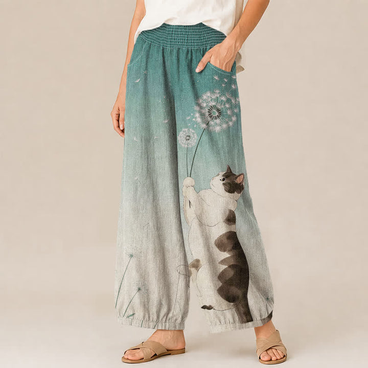 Buddha Stones Cotton Playful Cat Dandelion Pattern Pleated Elastic Waist Women's Harem Pants With Pockets - image 11