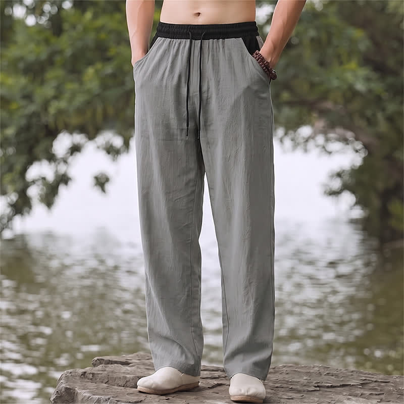 Buddha Stones Spring Summer Casual Color Block Drawstring Solid Cotton Linen Long Pants Men's Straight Leg Pants With Pockets - DarkGray - US/UK/AU42, EU52 (3XL) - image 10