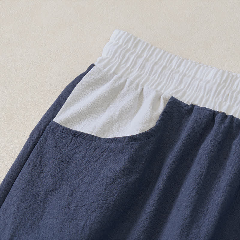 Buddha Stones Spring Summer Casual Color Block Drawstring Solid Cotton Linen Long Pants Men's Straight Leg Pants With Pockets - image 4