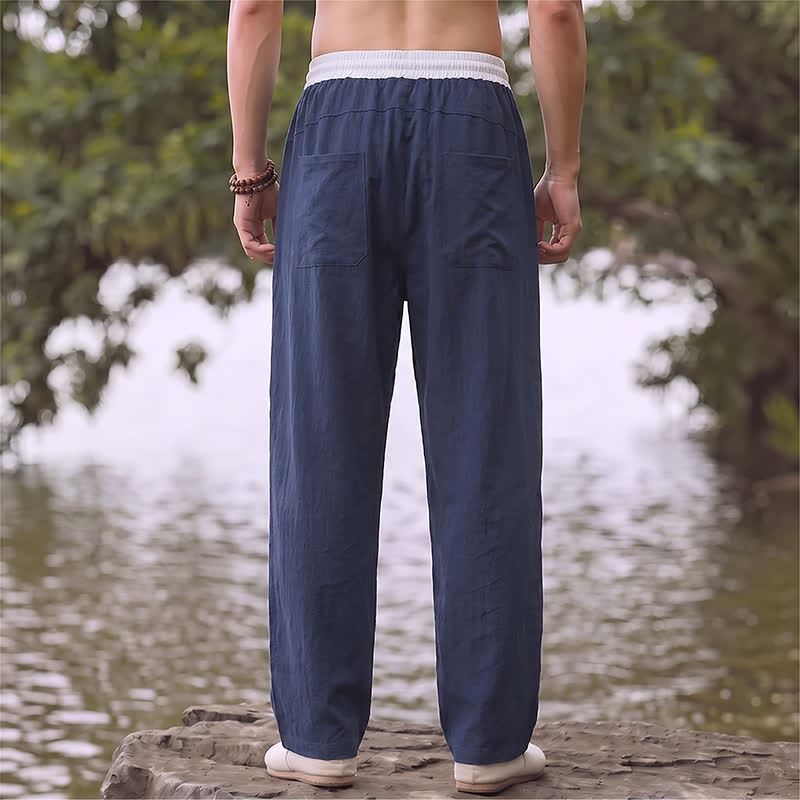 Buddha Stones Spring Summer Casual Color Block Drawstring Solid Cotton Linen Long Pants Men's Straight Leg Pants With Pockets - image 1