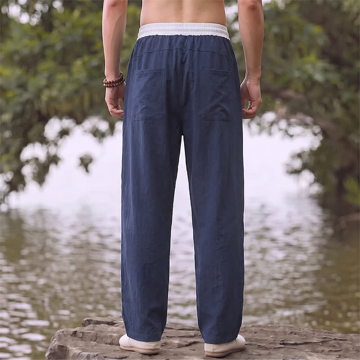 Buddha Stones Spring Summer Casual Color Block Drawstring Solid Cotton Linen Long Pants Men's Straight Leg Pants With Pockets - image 1