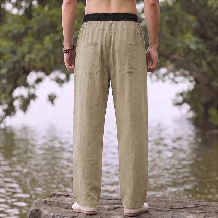 Buddha Stones Spring Summer Casual Color Block Drawstring Solid Cotton Linen Long Pants Men's Straight Leg Pants With Pockets - image 21
