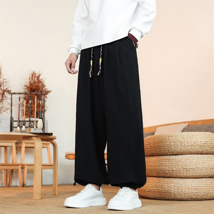 Buddha Stones Fall Casual Minimalist Drawstring Solid Cotton Ankle Pants Men's Straight Leg Pants With Pockets - Black - US/UK/AU46，EU56 (5XL) - image 13