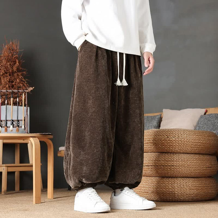 Buddha Stones Fall Winter Casual Vintage Drawstring Solid Ankle Pants Men's Straight Leg Pants With Pockets - SaddleBrown - US/UK/AU46，EU56 (5XL) - image 0