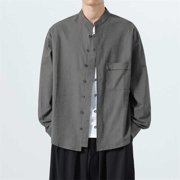 Buddha Stones Fall Casual Tang Style Mandarin Collar Solid Cotton Men's Long Sleeve Shirts - DimGray - US/UK/AU46，EU56 (5XL) - image 19