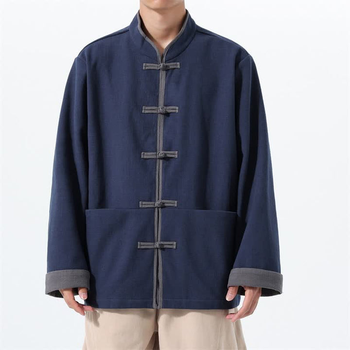 Buddha Stones Fall Winter Tang Style Vintage Frog Button Solid Cotton Men's Jacket With Pockets - Navy - US/UK/AU46，EU56 (5XL) - image 0