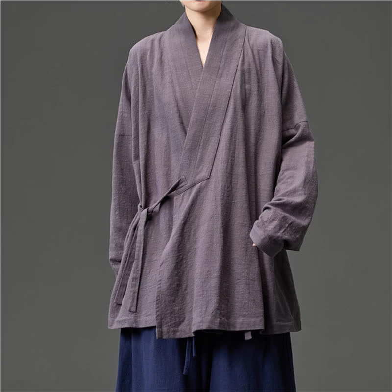 Buddha Stones Fall Winter Tang Style Minimalist Drawstring Solid Cotton Men's Kimono With Pockets - SlateGray - US/UK/AU46，EU56 (5XL) - image 21