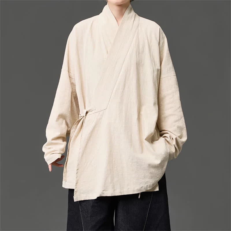 Buddha Stones Fall Winter Tang Style Minimalist Drawstring Solid Cotton Men's Kimono With Pockets - Beige - US/UK/AU46，EU56 (5XL) - image 14