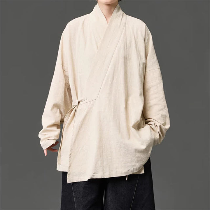 Buddha Stones Fall Winter Tang Style Minimalist Drawstring Solid Cotton Men's Kimono With Pockets - Beige - US/UK/AU46，EU56 (5XL) - image 14