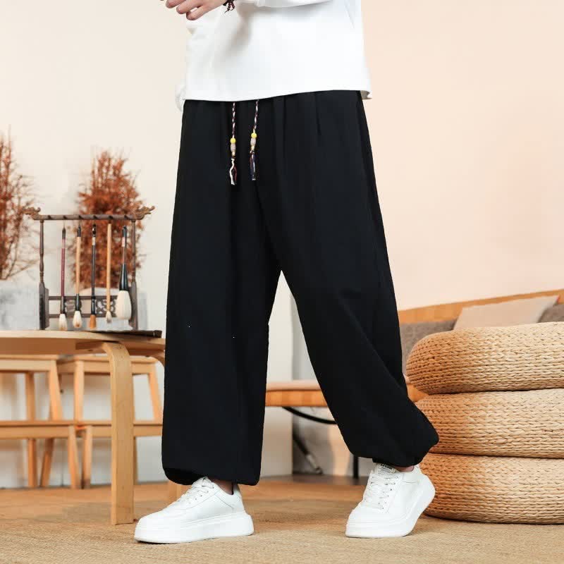 Buddha Stones Fall Casual Minimalist Drawstring Solid Cotton Ankle Pants Men's Straight Leg Pants With Pockets - image 14