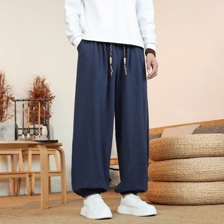 Buddha Stones Fall Casual Minimalist Drawstring Solid Cotton Ankle Pants Men's Straight Leg Pants With Pockets - image 26