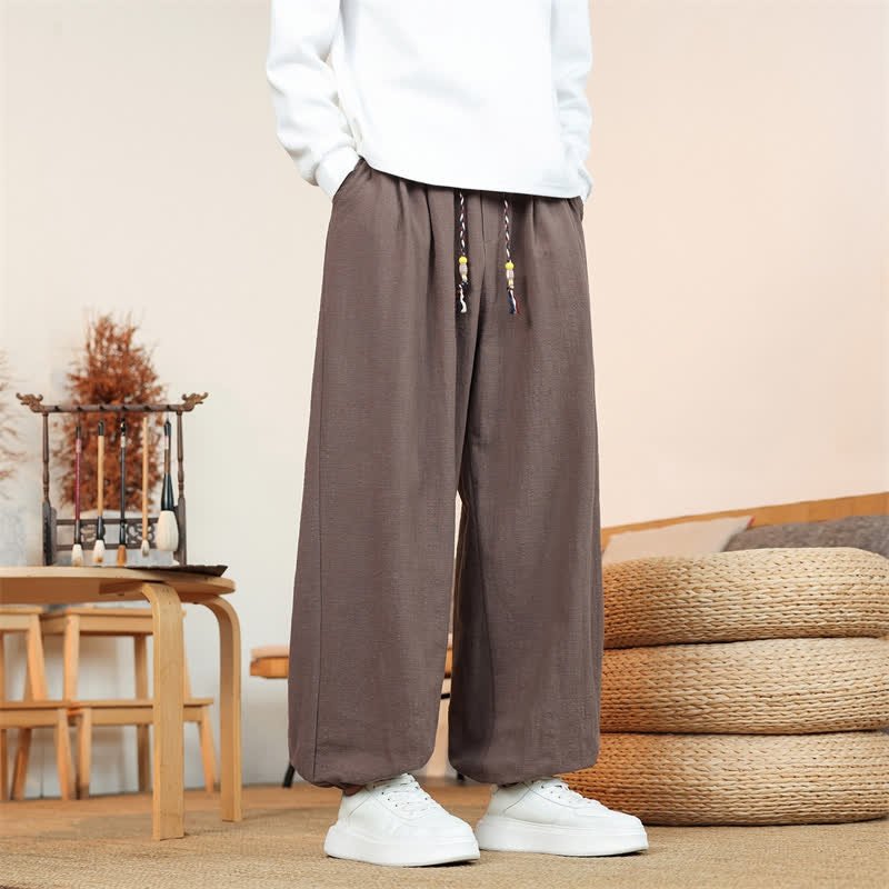 Buddha Stones Fall Casual Minimalist Drawstring Solid Cotton Ankle Pants Men's Straight Leg Pants With Pockets - image 43