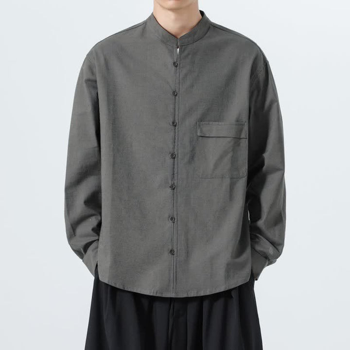 Buddha Stones Fall Casual Tang Style Mandarin Collar Solid Cotton Men's Long Sleeve Shirts - image 26
