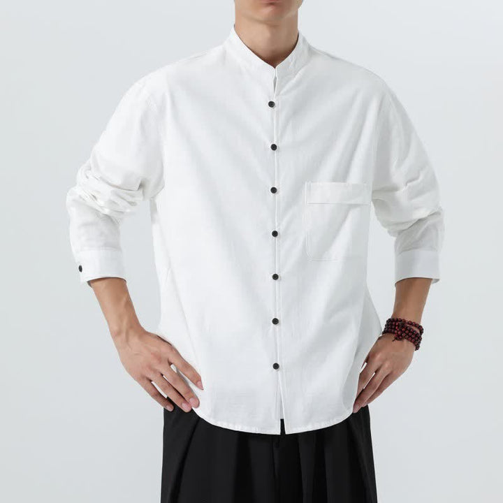 Buddha Stones Fall Casual Tang Style Mandarin Collar Solid Cotton Men's Long Sleeve Shirts - image 38