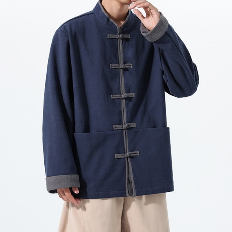 Buddha Stones Fall Winter Tang Style Vintage Frog Button Solid Cotton Men's Jacket With Pockets - image 1