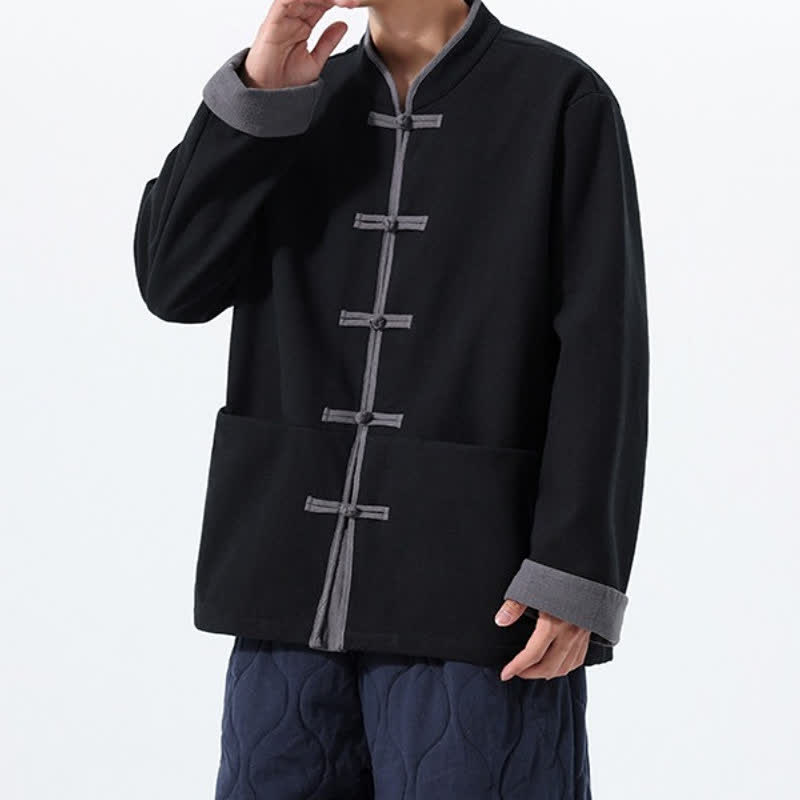 Buddha Stones Fall Winter Tang Style Vintage Frog Button Solid Cotton Men's Jacket With Pockets - image 9