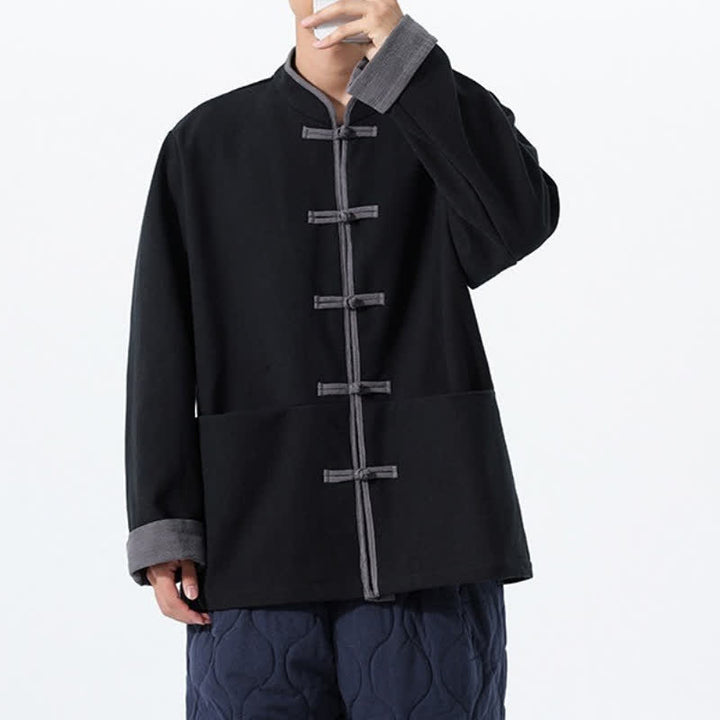 Buddha Stones Fall Winter Tang Style Vintage Frog Button Solid Cotton Men's Jacket With Pockets - image 8