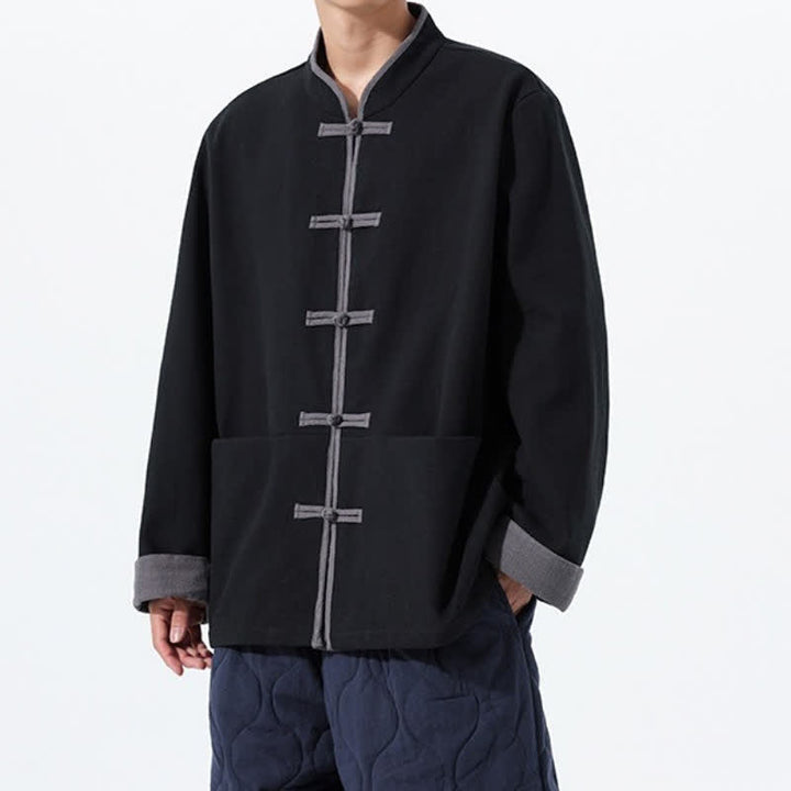 Buddha Stones Fall Winter Tang Style Vintage Frog Button Solid Cotton Men's Jacket With Pockets - image 7