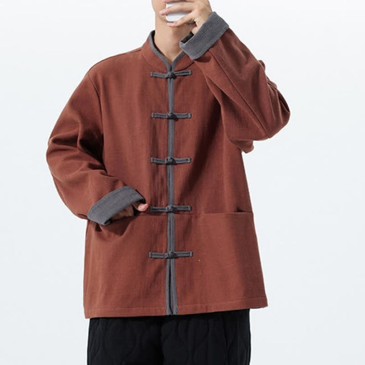 Buddha Stones Fall Winter Tang Style Vintage Frog Button Solid Cotton Men's Jacket With Pockets - image 12
