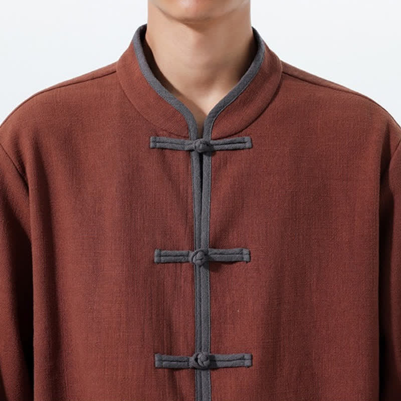 Buddha Stones Fall Winter Tang Style Vintage Frog Button Solid Cotton Men's Jacket With Pockets - image 15