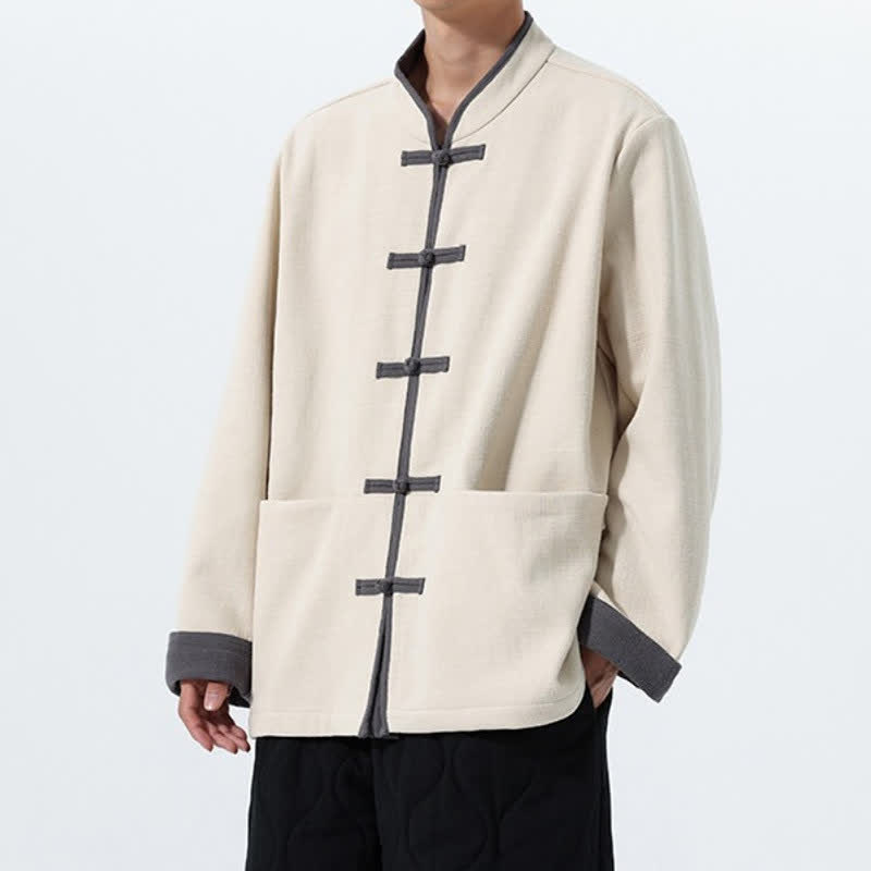 Buddha Stones Fall Winter Tang Style Vintage Frog Button Solid Cotton Men's Jacket With Pockets - image 21