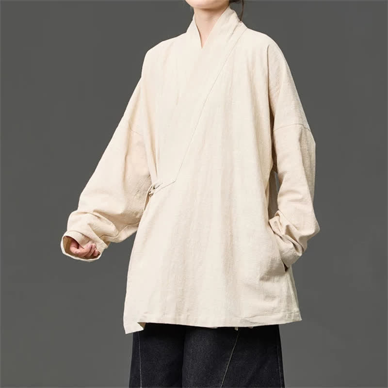 Buddha Stones Fall Winter Tang Style Minimalist Drawstring Solid Cotton Men's Kimono With Pockets - image 17