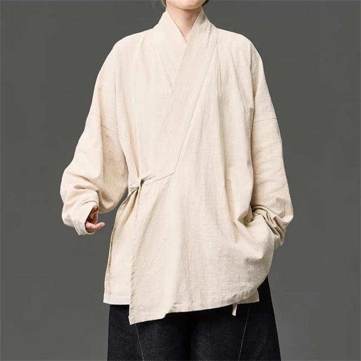 Buddha Stones Fall Winter Tang Style Minimalist Drawstring Solid Cotton Men's Kimono With Pockets - image 16