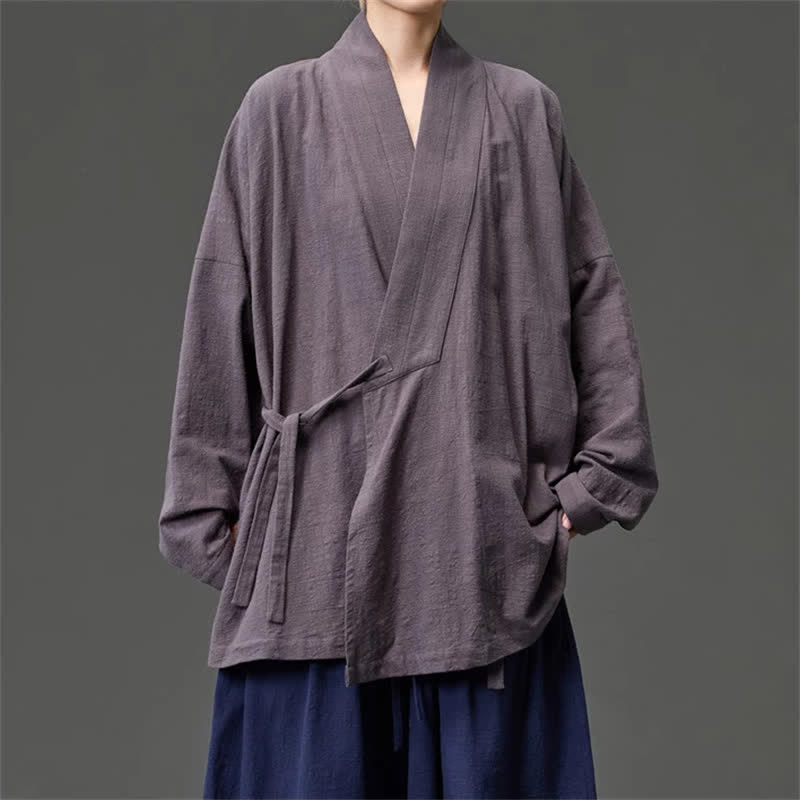 Buddha Stones Fall Winter Tang Style Minimalist Drawstring Solid Cotton Men's Kimono With Pockets - image 24