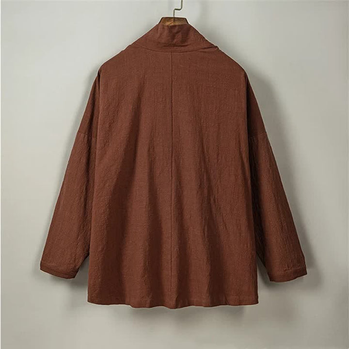 Buddha Stones Fall Winter Tang Style Minimalist Drawstring Solid Cotton Men's Kimono With Pockets - image 5
