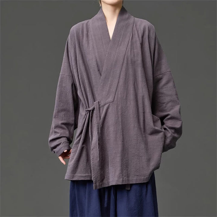 Buddha Stones Fall Winter Tang Style Minimalist Drawstring Solid Cotton Men's Kimono With Pockets - image 22