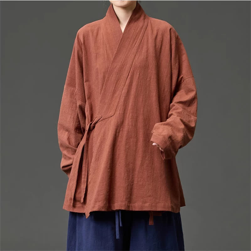 Buddha Stones Fall Winter Tang Style Minimalist Drawstring Solid Cotton Men's Kimono With Pockets - image 1