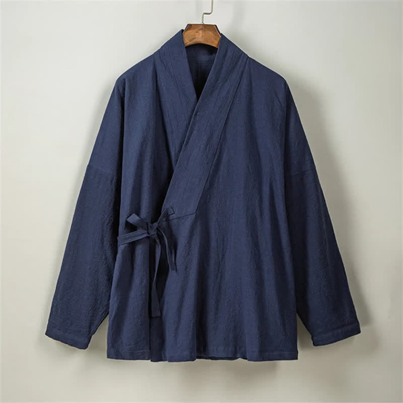 Buddha Stones Fall Winter Tang Style Minimalist Drawstring Solid Cotton Men's Kimono With Pockets - image 12