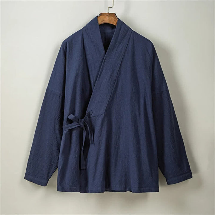 Buddha Stones Fall Winter Tang Style Minimalist Drawstring Solid Cotton Men's Kimono With Pockets - image 12