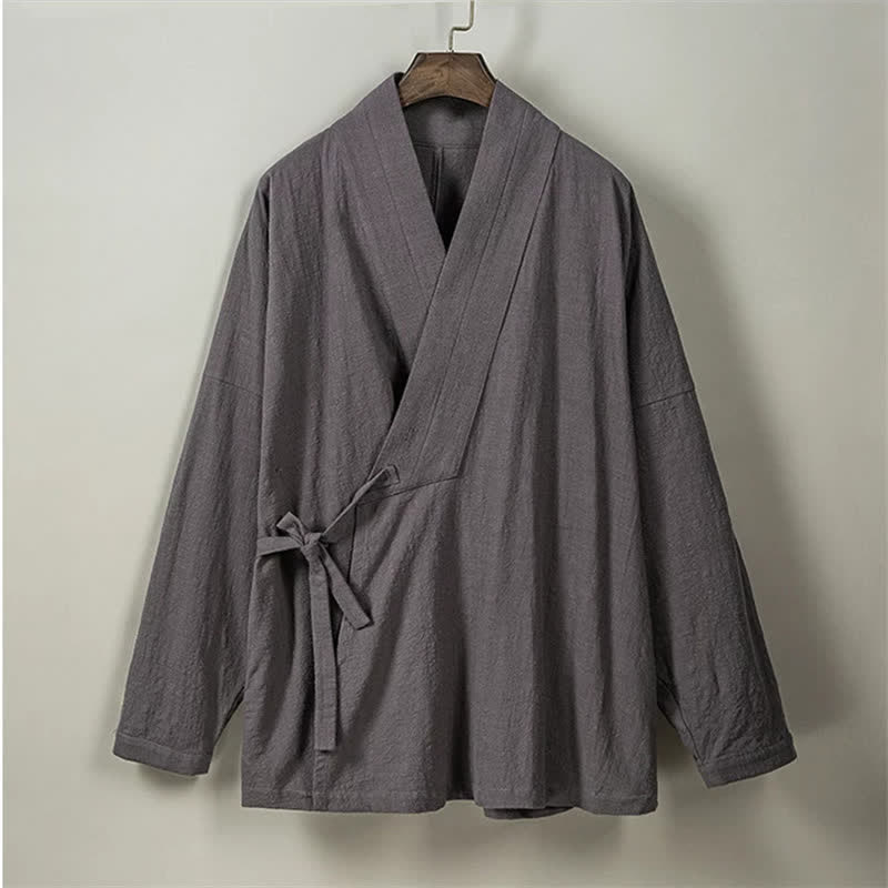Buddha Stones Fall Winter Tang Style Minimalist Drawstring Solid Cotton Men's Kimono With Pockets - image 26