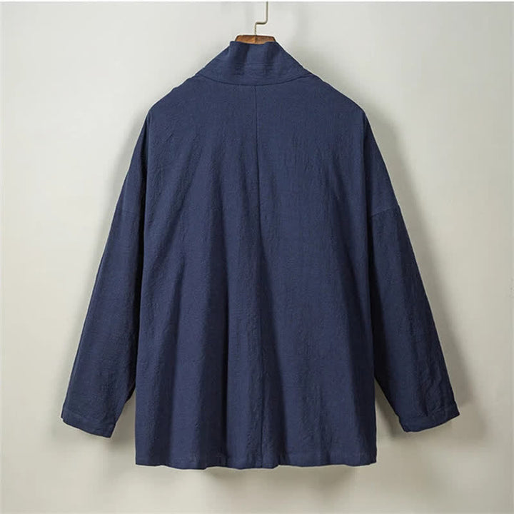 Buddha Stones Fall Winter Tang Style Minimalist Drawstring Solid Cotton Men's Kimono With Pockets - image 13