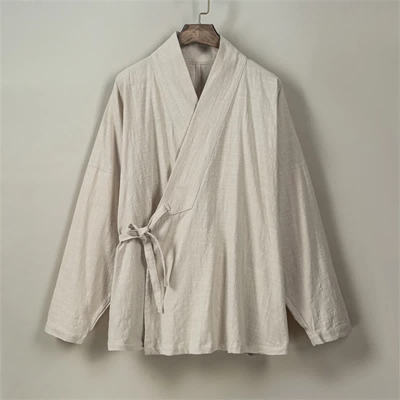Buddha Stones Fall Winter Tang Style Minimalist Drawstring Solid Cotton Men's Kimono With Pockets - image 19