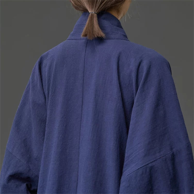 Buddha Stones Fall Winter Tang Style Minimalist Drawstring Solid Cotton Men's Kimono With Pockets - image 10