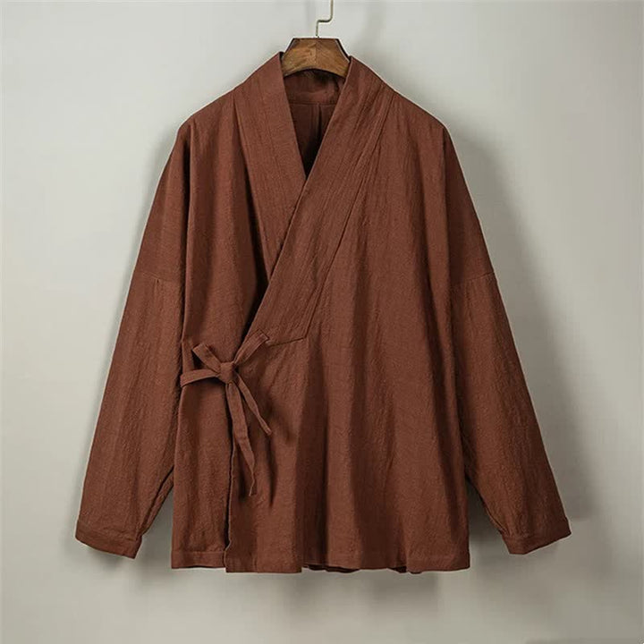Buddha Stones Fall Winter Tang Style Minimalist Drawstring Solid Cotton Men's Kimono With Pockets - image 4