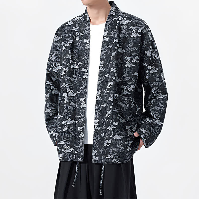 Buddha Stones Spring Fall Casual Drawstring Abstract Clouds Cotton Men's Kimono - image 11