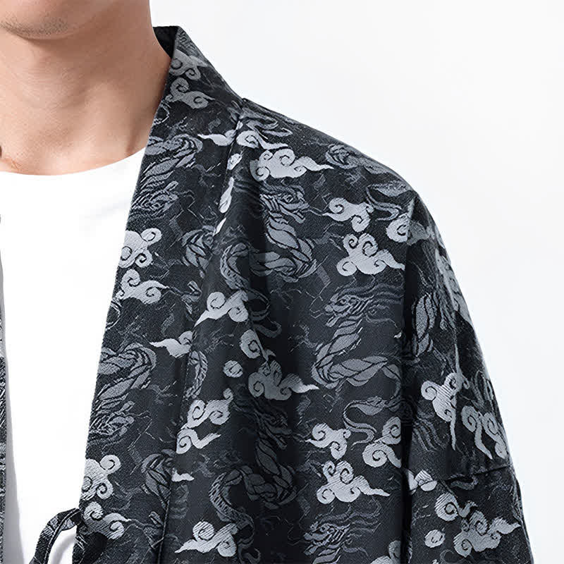 Buddha Stones Spring Fall Casual Drawstring Abstract Clouds Cotton Men's Kimono - image 18