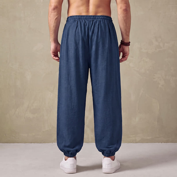Buddha Stones Spring Basic Retro Drawstring Solid Long Pants Men's Harem Pants With Pockets - image 2