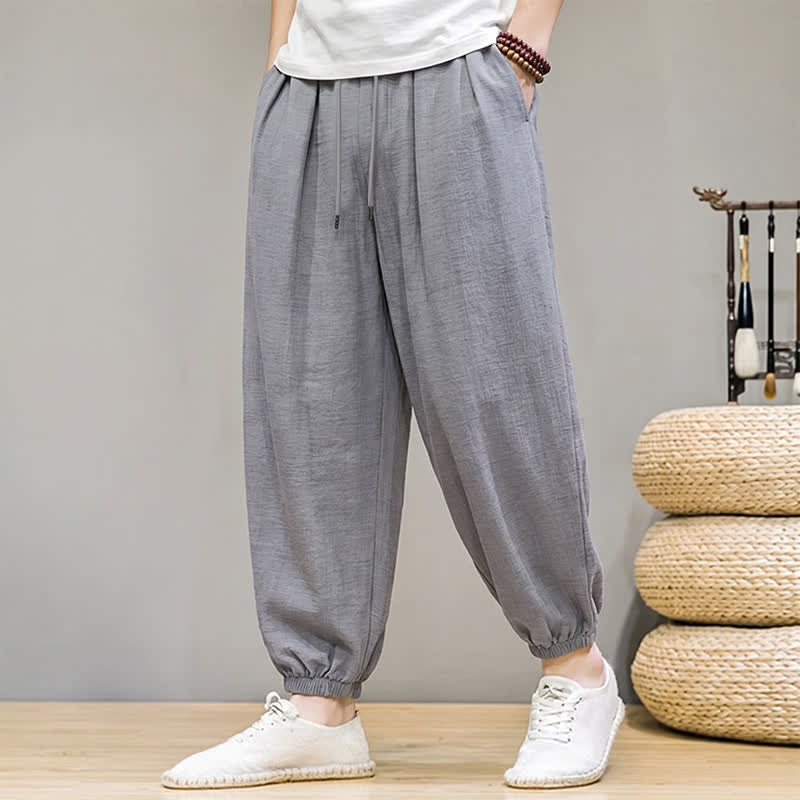 Buddha Stones Spring Basic Retro Drawstring Solid Long Pants Men's Harem Pants With Pockets - image 11