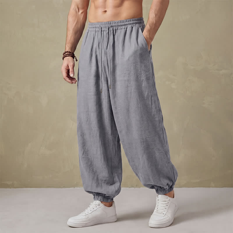 Buddha Stones Spring Basic Retro Drawstring Solid Long Pants Men's Harem Pants With Pockets - LightGray - US/UK/AU42, EU52 (3XL) - image 10