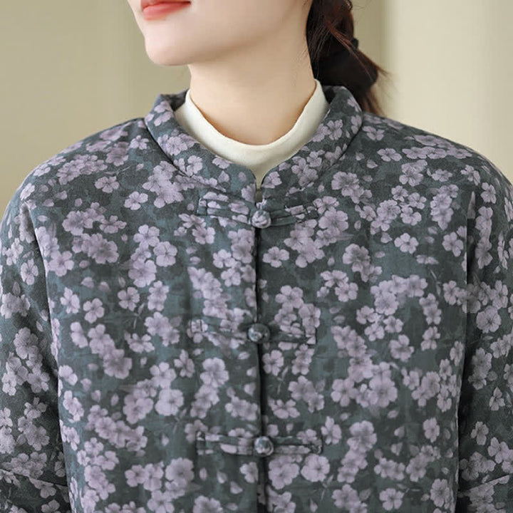 Buddha Stones Winter Vintage Tang Style Frog Button Floral Print Women's Jacket - image 7
